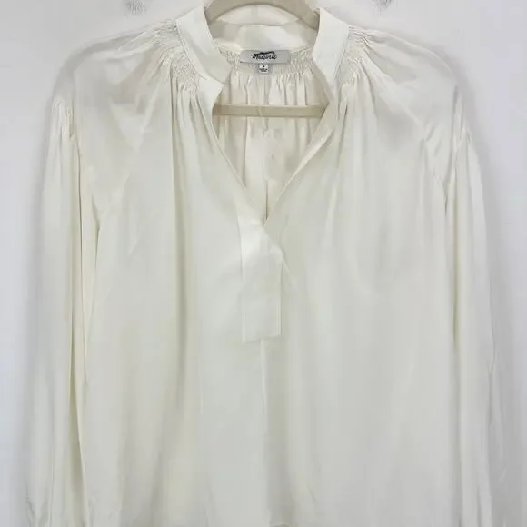 Madewell Shirred Long Sleeve Top Blouse Silk Lightweight Winter White Medium NWT - Picture 7 of 16